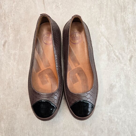 Fitflop Ballet Flats Brown Leather Croc Embossed Slip On Low Wedge Comfort Shoes - Picture 2 of 10